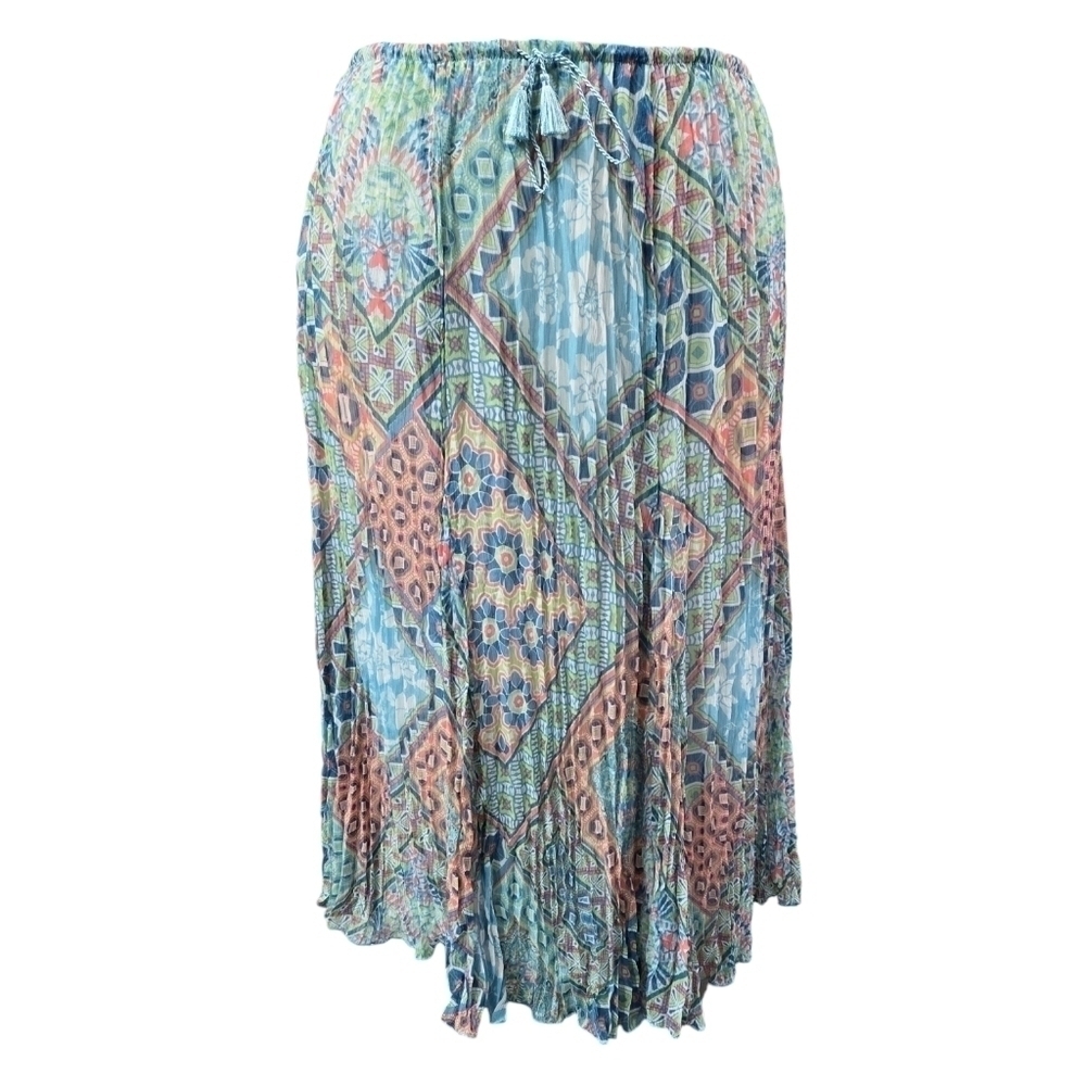 Ruby Rd. NWT Blue Boho Geometric Tribal Pleated Chiffon Pull On Midi Skirt